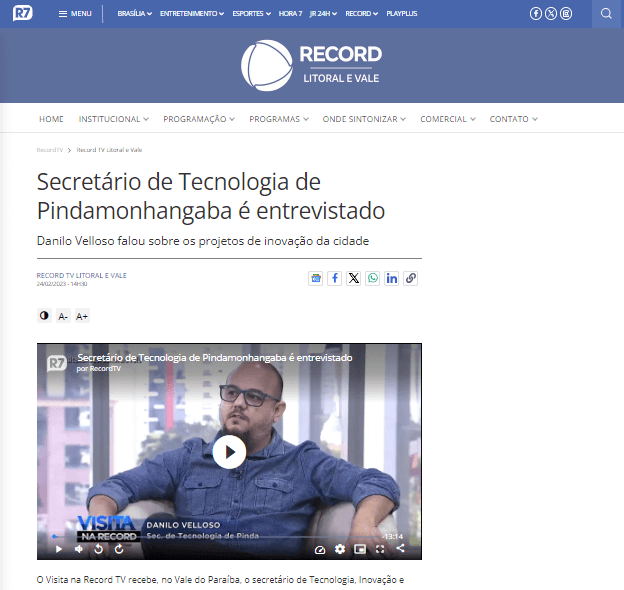 Notícia no site da RecordTV